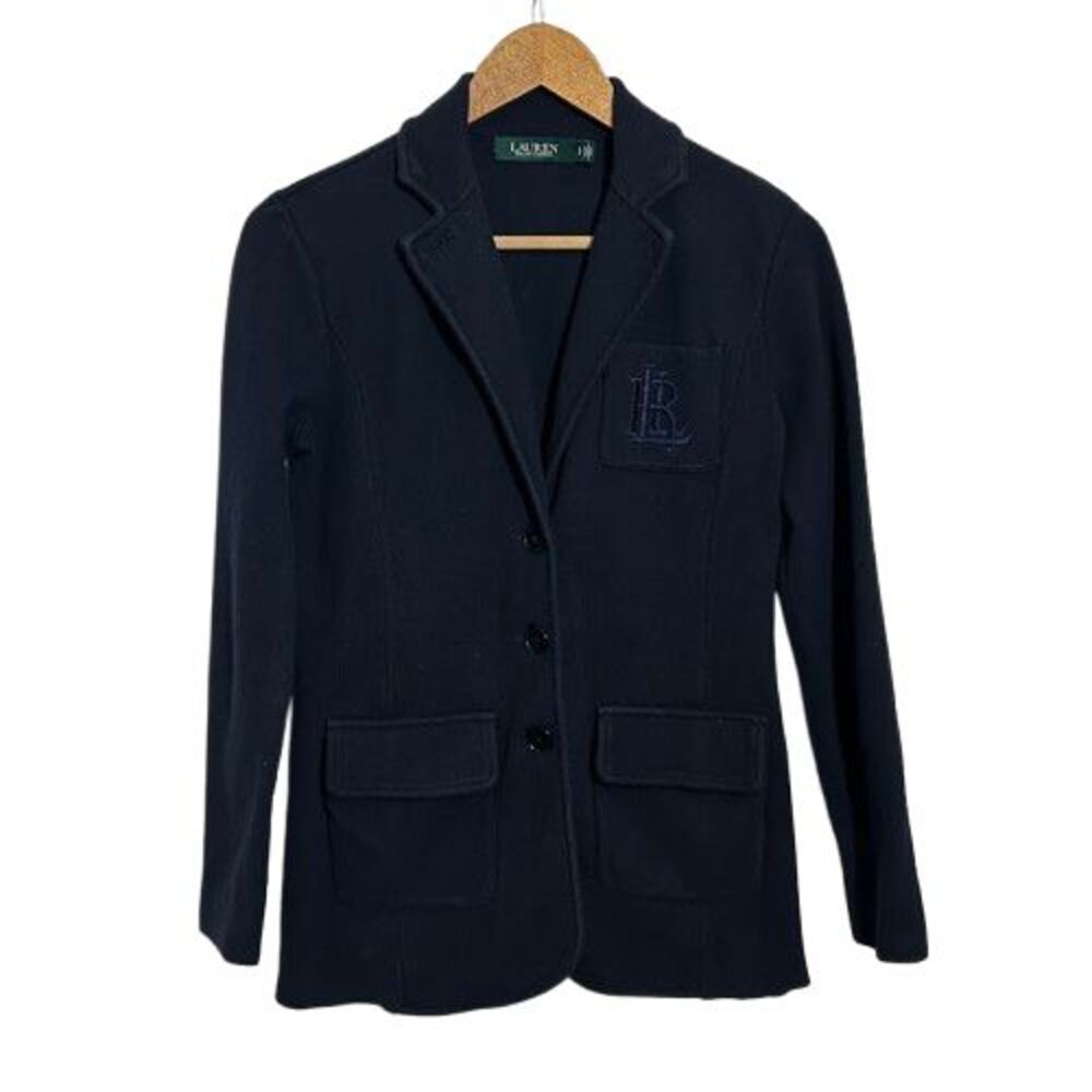 LRL Ralph Lauren Cotton Monogram Knit Fitted Logo Blazer Jacket XS Navy Blue